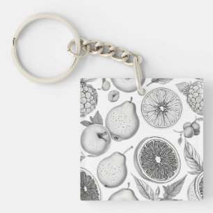 Monochrome Fruit Pattern with Botanical Elements Key Ring
