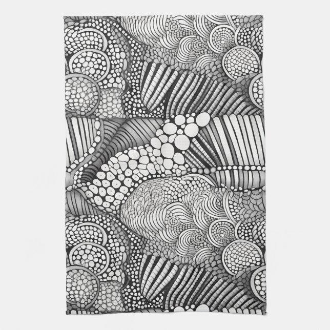 Monochrome Geometric Abstract Line Art Pattern Tea Towel (Vertical)