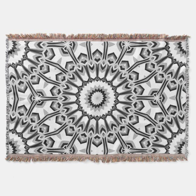 Monochrome Geometric Mandala Bloom Throw Blanket (Front)