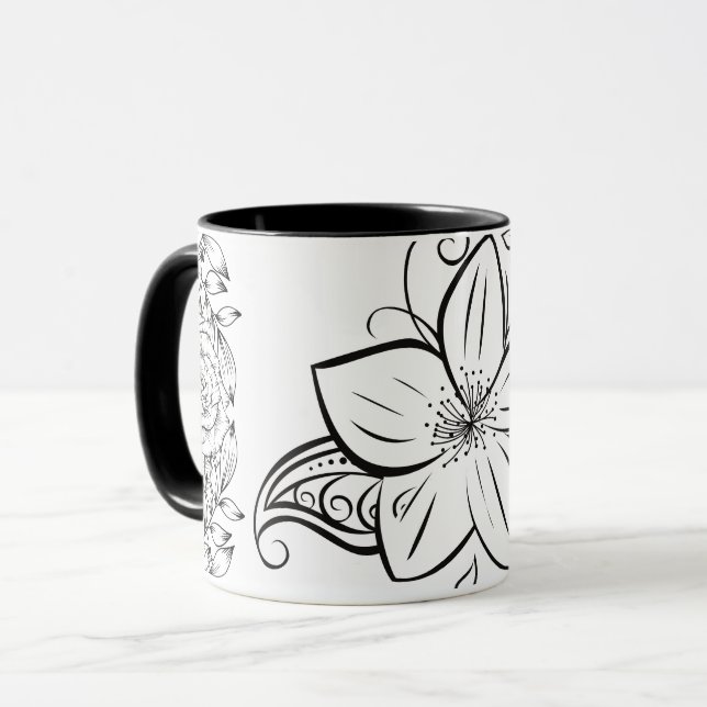 Monochrome Graphic Art, Beautiful Flower Mug (Front Left)