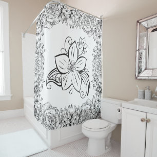 Monochrome Graphic Art, Beautiful Flower Shower Curtain