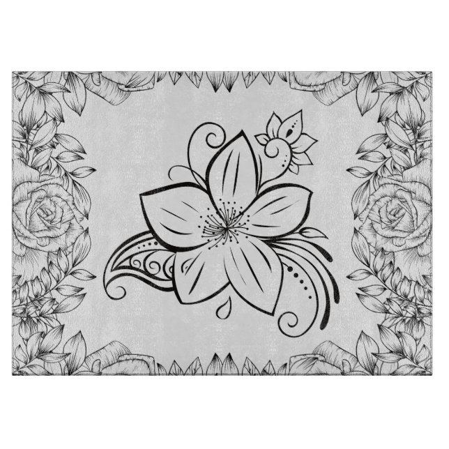 Monochrome Graphic, Beautiful Flower Art Cutting Board (Front)