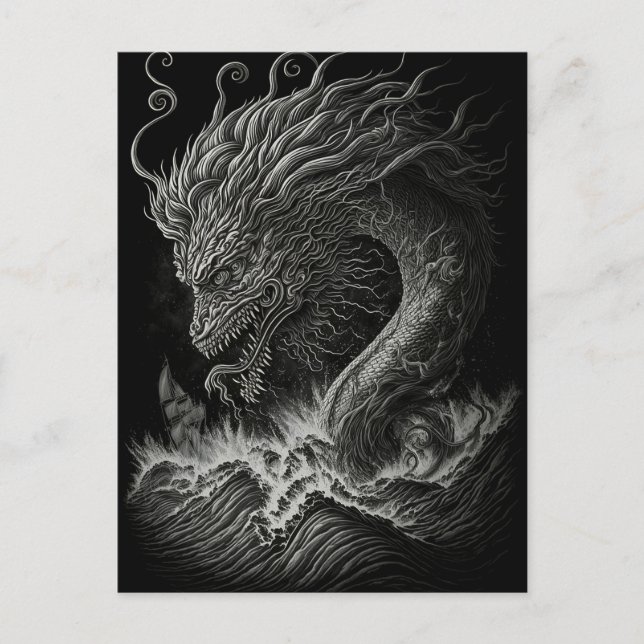 Monochrome Greek Mythology Kraken Sea Monster Postcard (Front)