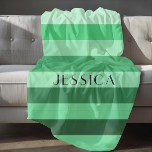 Monochrome Green Striped Pattern Personalised Name Fleece Blanket