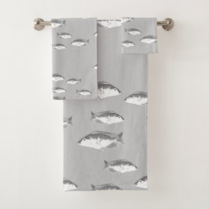 Monochrome grey fish bath towel set