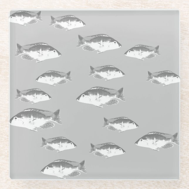 Monochrome grey fish glass coaster (Front)