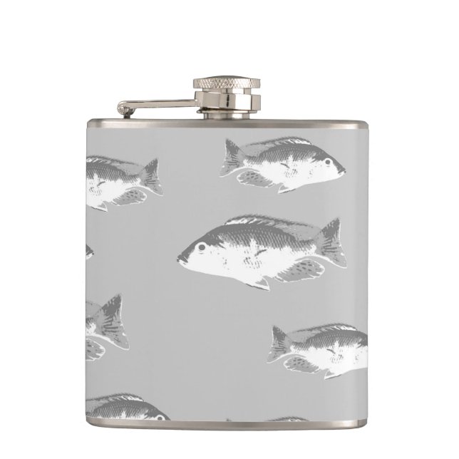 Monochrome grey fish hip flask (Front)