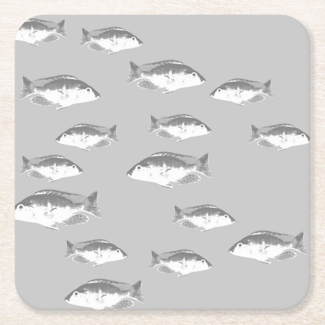 Monochrome grey fish square paper coaster (Front)