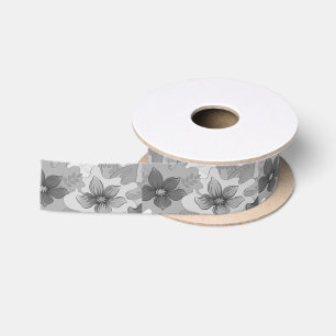 Monochrome Grey Hues Flowers Satin Ribbon