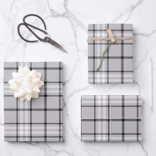 Monochrome Grey Plaid Tartan Pattern Wrapping Paper Sheet (Front)