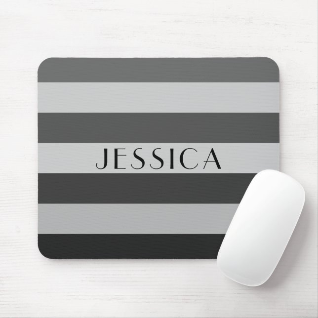 Monochrome Grey Striped Pattern Name Personalised Mouse Mat (With Mouse)