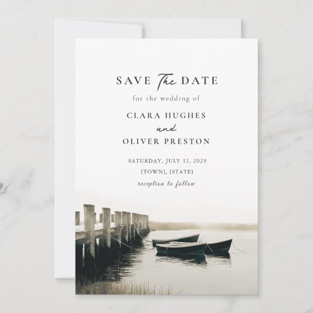 Monochrome Harbour Dock Cape Cod Serif Wedding  Save The Date (Front)