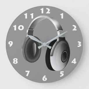 MONOCHROME HEADPHONES WITH WHITE NUMERALS LARGE CLOCK
