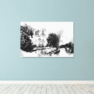 Monochrome Illustration of Notre-Dame Cathedral Canvas Print