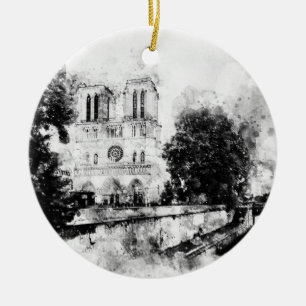 Monochrome Illustration of Notre-Dame Cathedral Ceramic Tree Decoration