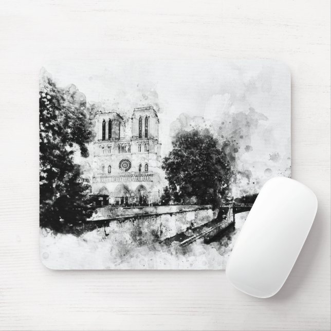 Monochrome Illustration of Notre-Dame Cathedral Mouse Mat (With Mouse)