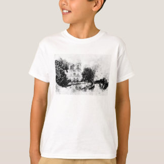 Monochrome Illustration of Notre-Dame Cathedral T-Shirt