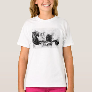 Monochrome Illustration of Notre-Dame Cathedral T-Shirt