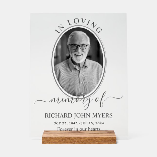 Monochrome In Loving Memory Memorial Funeral Photo Acrylic Sign (Front)