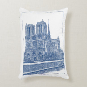 Monochrome Indigo Blue Retro Notre Dame de Paris  Decorative Cushion