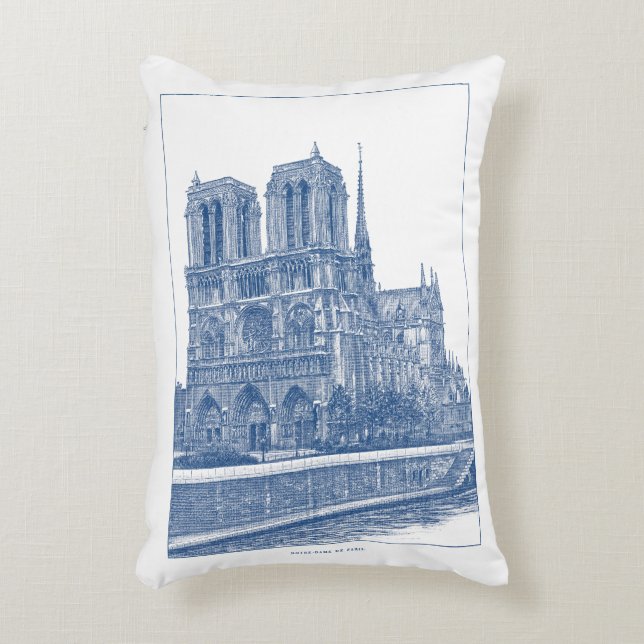 Monochrome Indigo Blue Retro Notre Dame de Paris  Decorative Cushion (Front(Vertical))