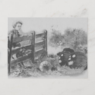 Monochrome Jack O Lantern Pumpkin Patch Boy Dog Postcard