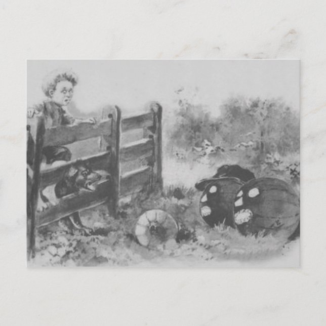 Monochrome Jack O Lantern Pumpkin Patch Boy Dog Postcard (Front)