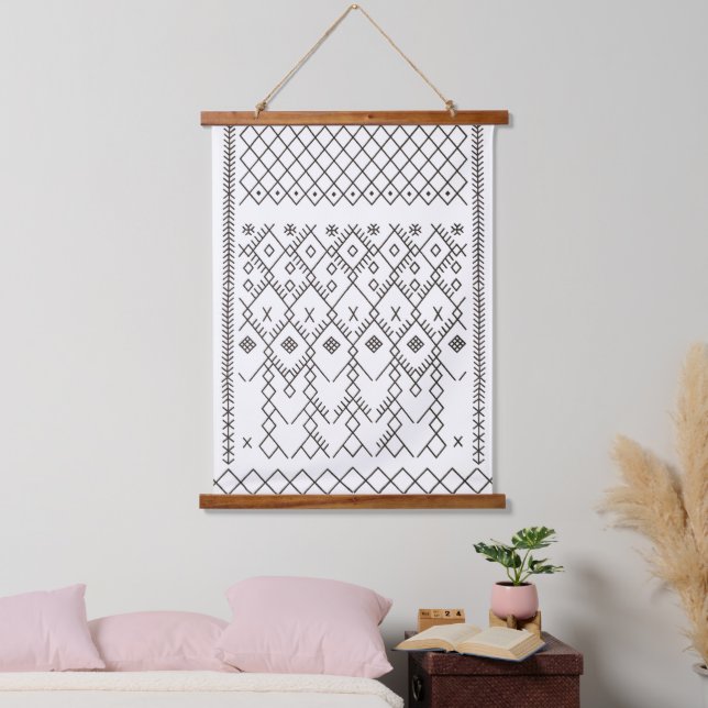 Monochrome Kilim: Moroccan Tribal Texture Art Hanging Tapestry (Bedroom)
