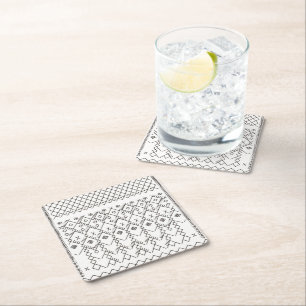 Monochrome Kilim: Moroccan Tribal Texture Art Square Paper Coaster
