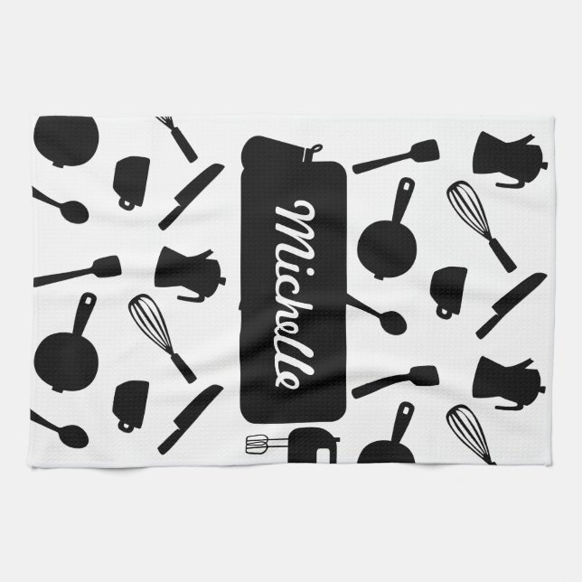 Monochrome kitchen utensils elegant design tea towel (Horizontal)