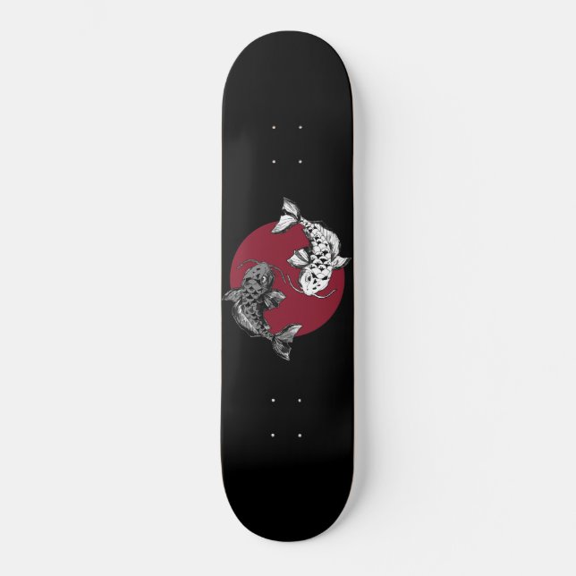 Monochrome Koi Carps on Red Circle Skateboard (Front)