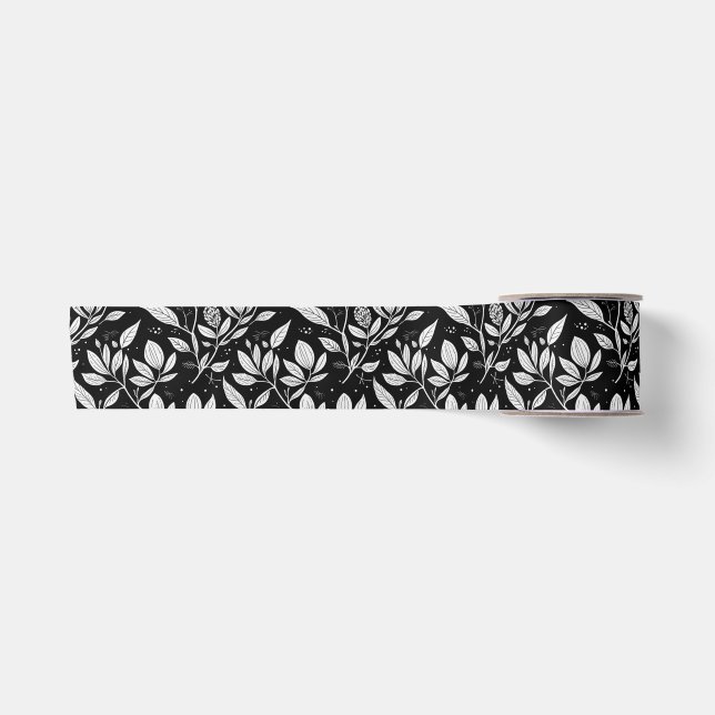 Monochrome Leaf Botanical Aesthetic Satin Ribbon (Front)
