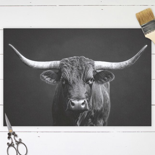 Monochrome Longhorn Steer Cattle Decoupage Tissue Paper (Creator Uploaded)
