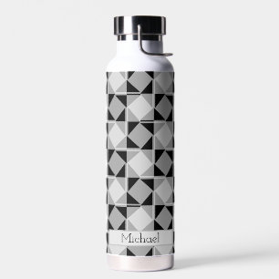 Monochrome Modern Geometric Pattern Personalised Water Bottle