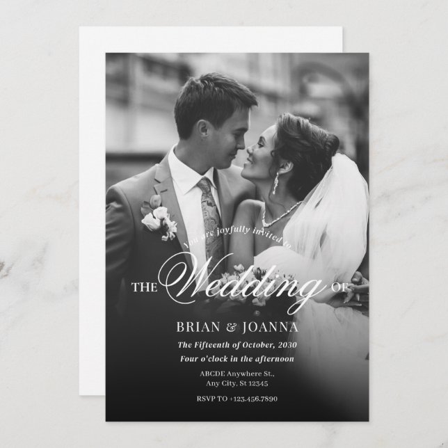 Monochrome modern minimalist script photo wedding  invitation (Front/Back)