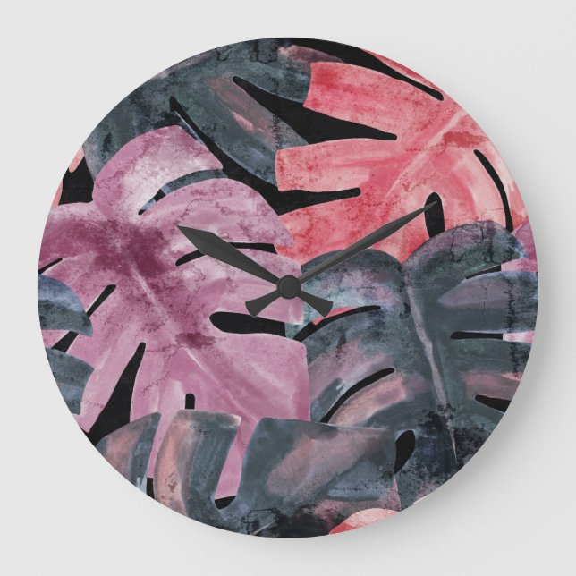 Monochrome Monstera: Watercolor Tropical Pattern. Large Clock (Front)