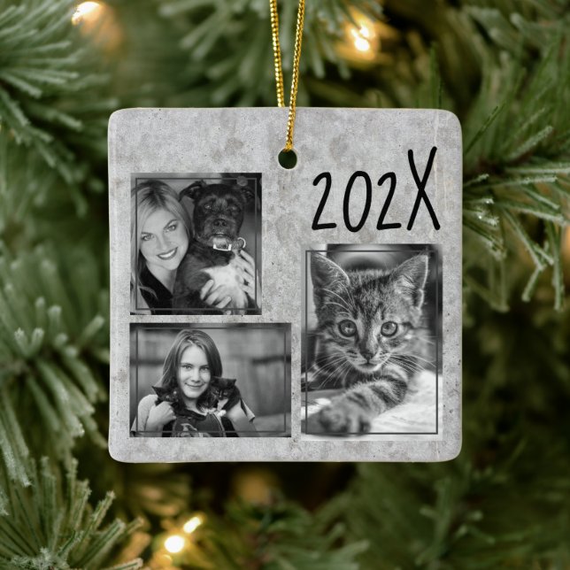 Monochrome Multi-photo Family Event Memory Ceramic Ornament (Tree)