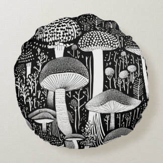 Monochrome Mushroom Forest Illustration Round Cushion