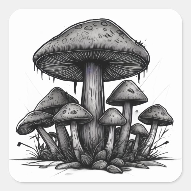 Monochrome Mushrooms Square Sticker (Front)