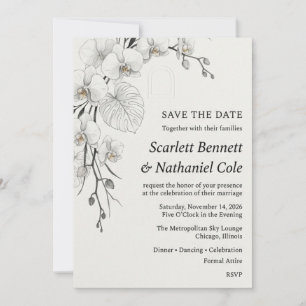 Monochrome Orchid, Monstera Leaf, Arch Motif, and Invitation