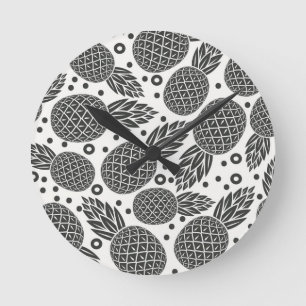 Monochrome Pineapples Round Clock