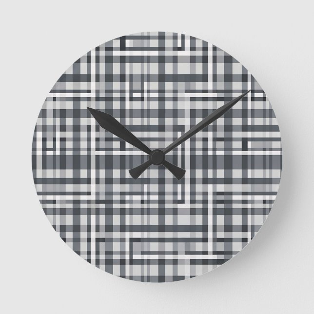 Monochrome Pixel Check Geometric Pattern Round Clock (Front)