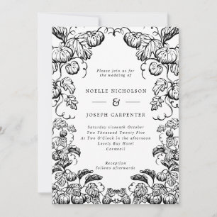 Monochrome Pumpkin & Leaves Frame Fall Wedding Invitation