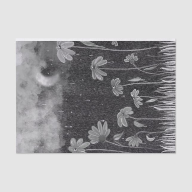 Monochrome Rainstorm Daisy Pencil Drawing Tissue Paper (Front)
