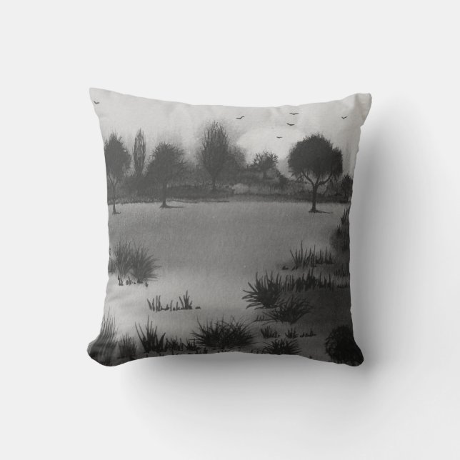 monochrome rustic woodland autumn Landscape sunset Cushion (Front)