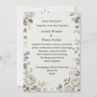 Monochrome Sage Eucalyptus Floral Save The Date In Invitation