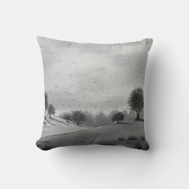 monochrome scenic hills and woodland landscape cushion (Front)