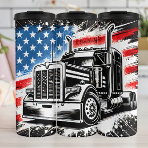Monochrome Semi Truck American Flag Thermal Tumbler