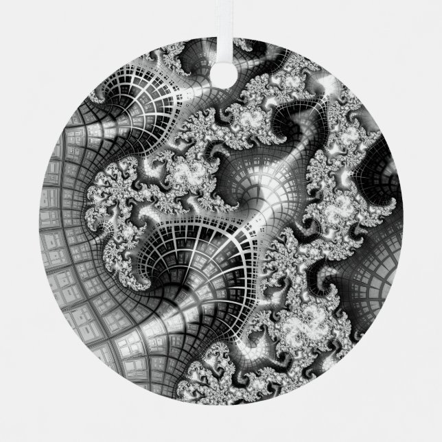 Monochrome Silver Towers Fractal Abstract Art Metal Tree Decoration (Front)