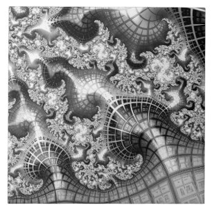 Monochrome Silver Towers Fractal Abstract Art Tile